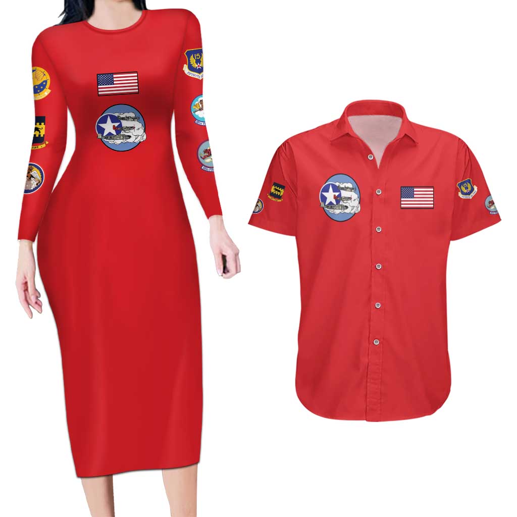 Tuskegee Airmen WWII Heroes Couples Matching Long Sleeve Bodycon Dress and Hawaiian Shirt The Great American Aviators Red Art - Wonder Print Shop