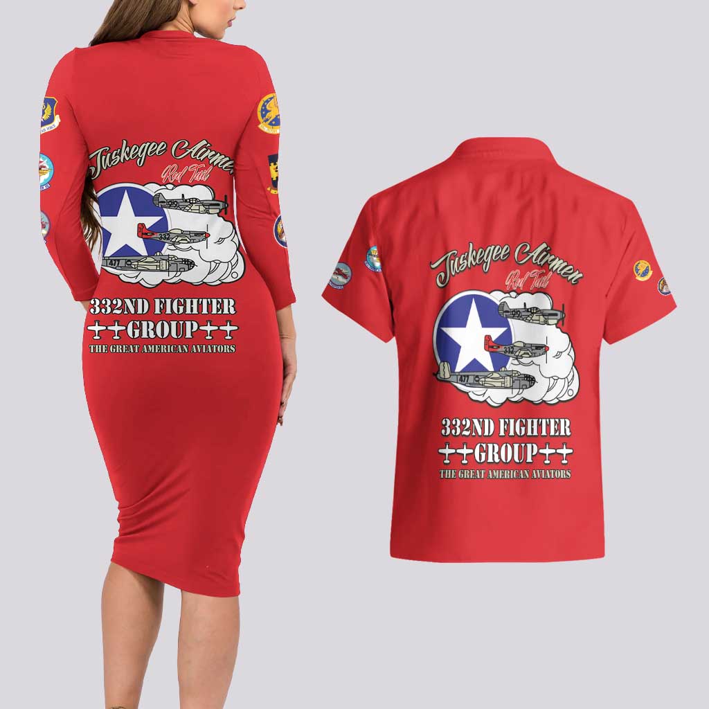 Tuskegee Airmen WWII Heroes Couples Matching Long Sleeve Bodycon Dress and Hawaiian Shirt The Great American Aviators Red Art - Wonder Print Shop