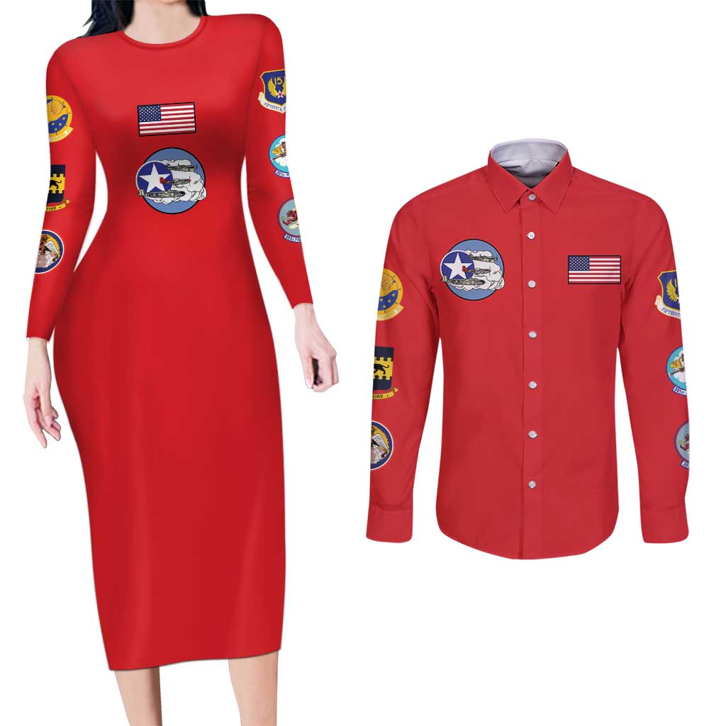 Tuskegee Airmen WWII Heroes Couples Matching Long Sleeve Bodycon Dress and Long Sleeve Button Shirt The Great American Aviators Red Art - Wonder Print Shop