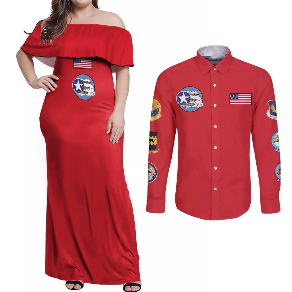 Tuskegee Airmen WWII Heroes Couples Matching Off Shoulder Maxi Dress and Long Sleeve Button Shirt The Great American Aviators Red Art - Wonder Print Shop