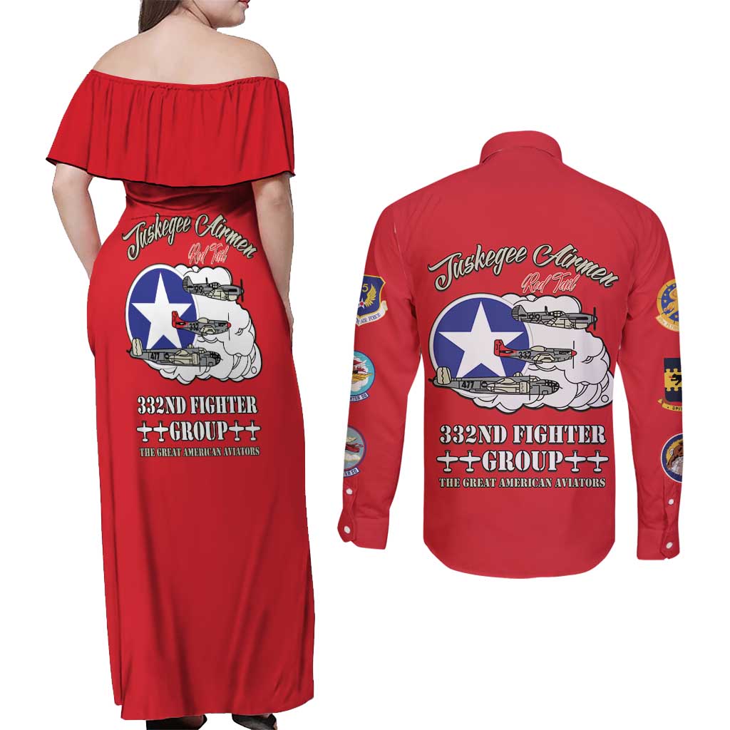 Tuskegee Airmen WWII Heroes Couples Matching Off Shoulder Maxi Dress and Long Sleeve Button Shirt The Great American Aviators Red Art - Wonder Print Shop
