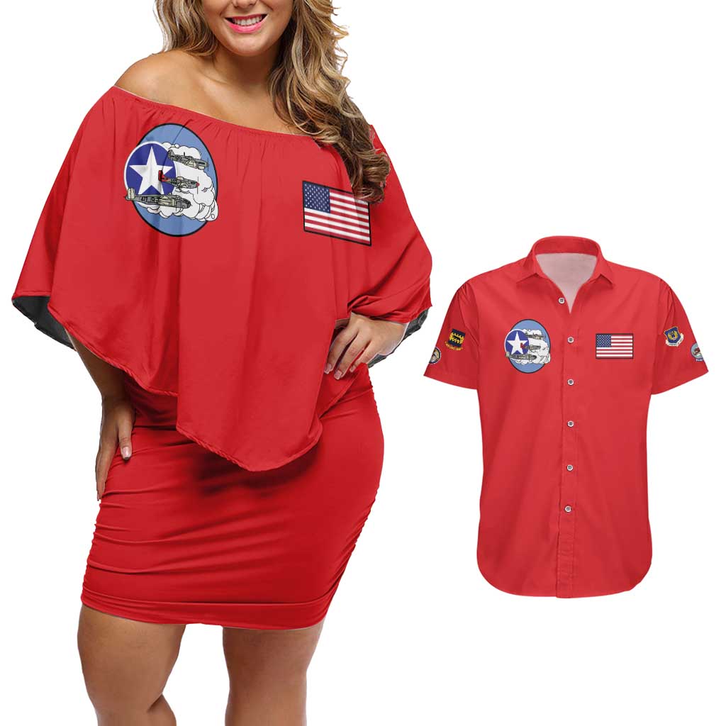 Tuskegee Airmen WWII Heroes Couples Matching Off Shoulder Short Dress and Hawaiian Shirt The Great American Aviators Red Art - Wonder Print Shop