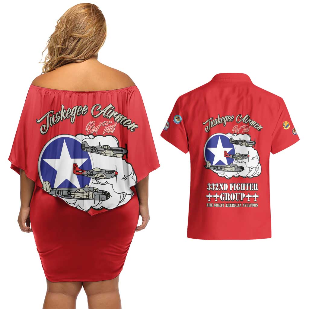 Tuskegee Airmen WWII Heroes Couples Matching Off Shoulder Short Dress and Hawaiian Shirt The Great American Aviators Red Art - Wonder Print Shop