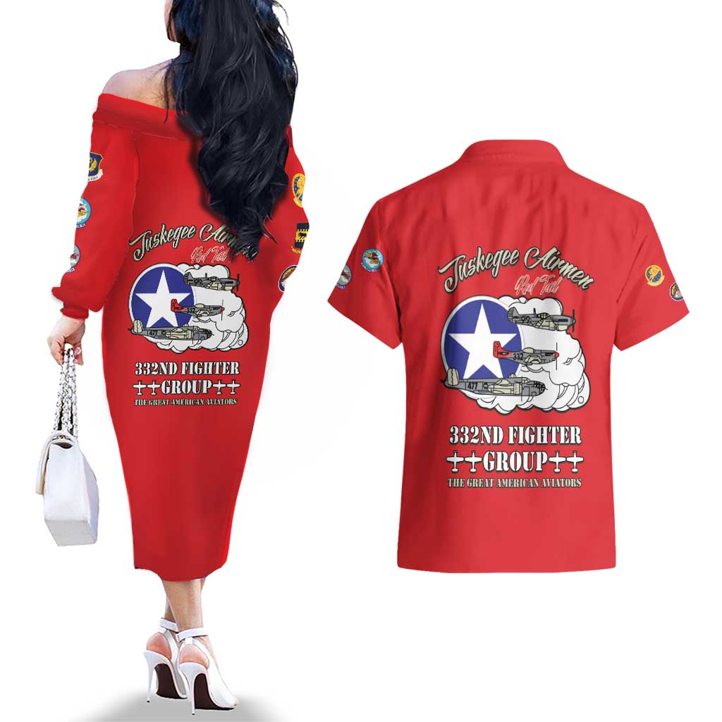 Tuskegee Airmen WWII Heroes Couples Matching Off The Shoulder Long Sleeve Dress and Hawaiian Shirt The Great American Aviators Red Art - Wonder Print Shop