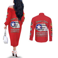 Tuskegee Airmen WWII Heroes Couples Matching Off The Shoulder Long Sleeve Dress and Long Sleeve Button Shirt The Great American Aviators Red Art - Wonder Print Shop