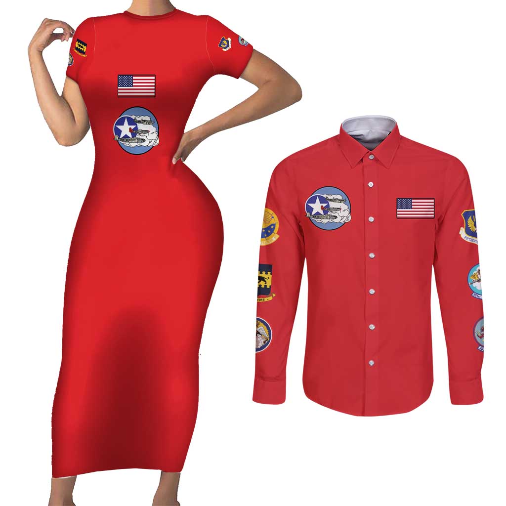 Tuskegee Airmen WWII Heroes Couples Matching Short Sleeve Bodycon Dress and Long Sleeve Button Shirt The Great American Aviators Red Art - Wonder Print Shop