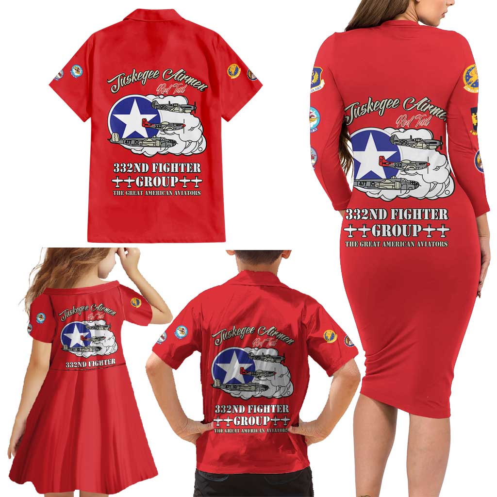Tuskegee Airmen WWII Heroes Family Matching Long Sleeve Bodycon Dress and Hawaiian Shirt The Great American Aviators Red Art - Wonder Print Shop