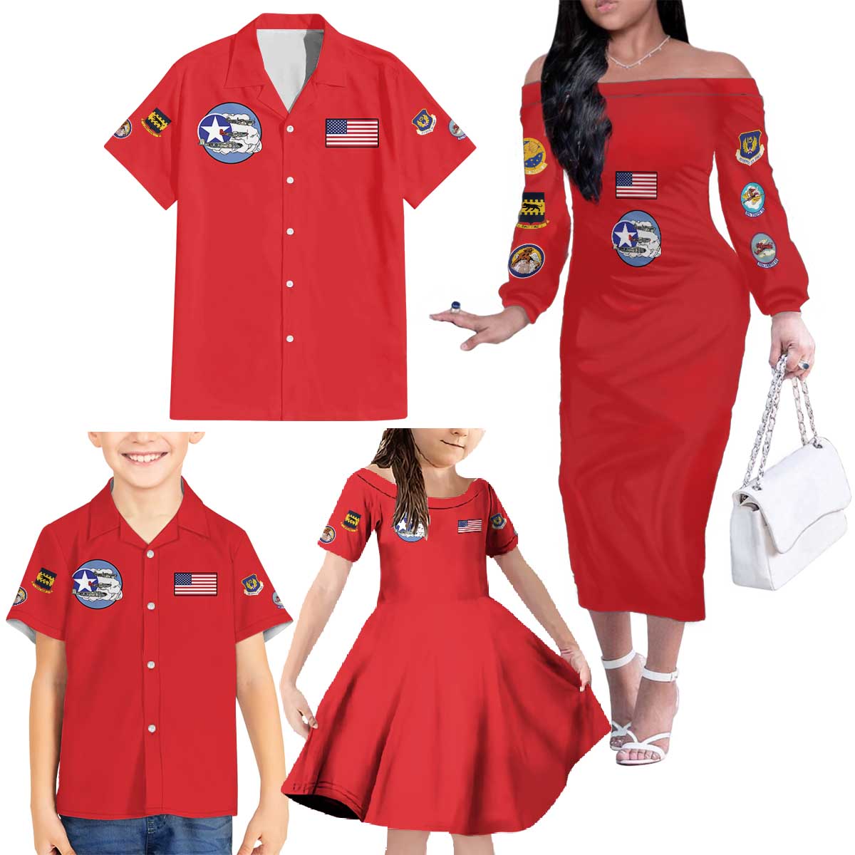 Tuskegee Airmen WWII Heroes Family Matching Off The Shoulder Long Sleeve Dress and Hawaiian Shirt The Great American Aviators Red Art - Wonder Print Shop