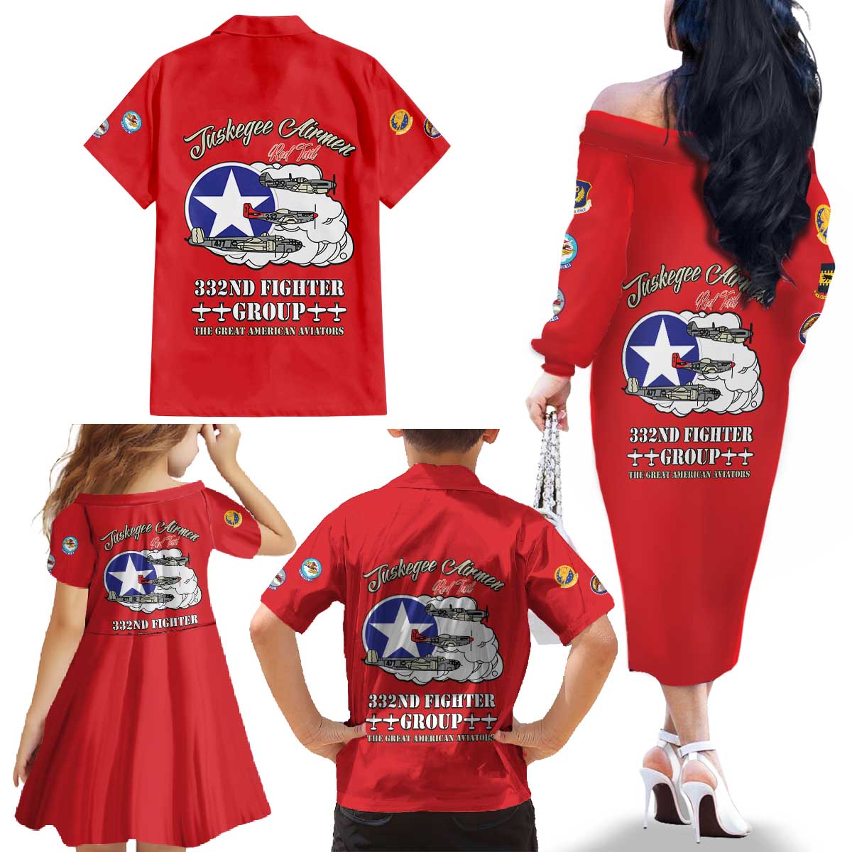 Tuskegee Airmen WWII Heroes Family Matching Off The Shoulder Long Sleeve Dress and Hawaiian Shirt The Great American Aviators Red Art - Wonder Print Shop