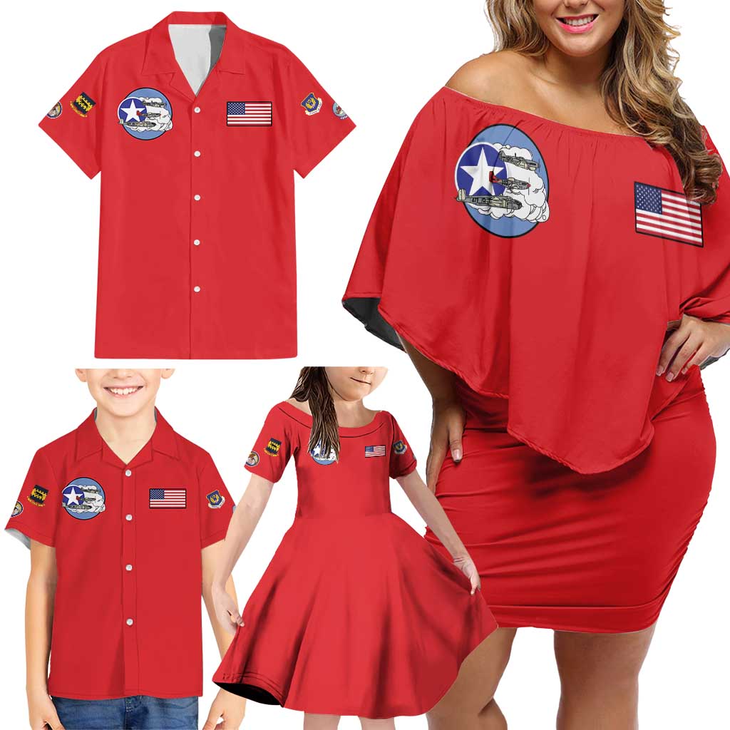 Tuskegee Airmen WWII Heroes Family Matching Off Shoulder Short Dress and Hawaiian Shirt The Great American Aviators Red Art - Wonder Print Shop