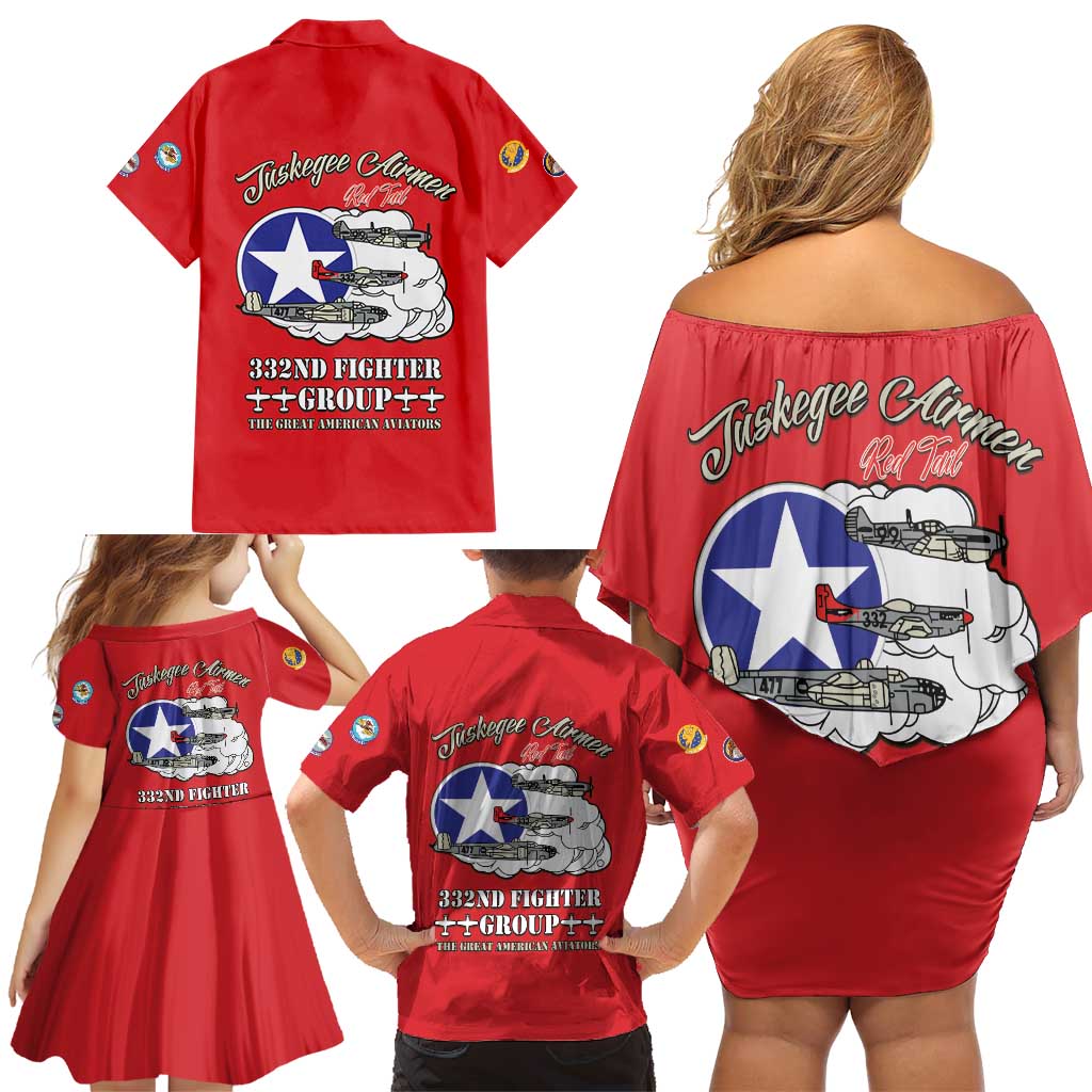 Tuskegee Airmen WWII Heroes Family Matching Off Shoulder Short Dress and Hawaiian Shirt The Great American Aviators Red Art - Wonder Print Shop