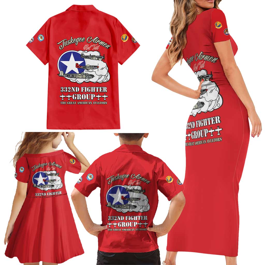 Tuskegee Airmen WWII Heroes Family Matching Short Sleeve Bodycon Dress and Hawaiian Shirt The Great American Aviators Red Art - Wonder Print Shop