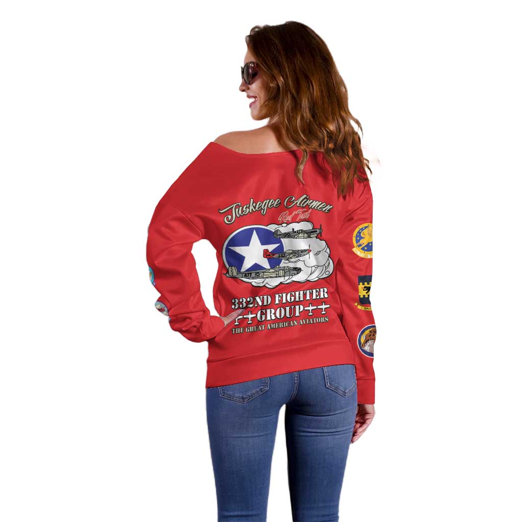 Tuskegee Airmen WWII Heroes Off Shoulder Sweater The Great American Aviators Red Art - Wonder Print Shop