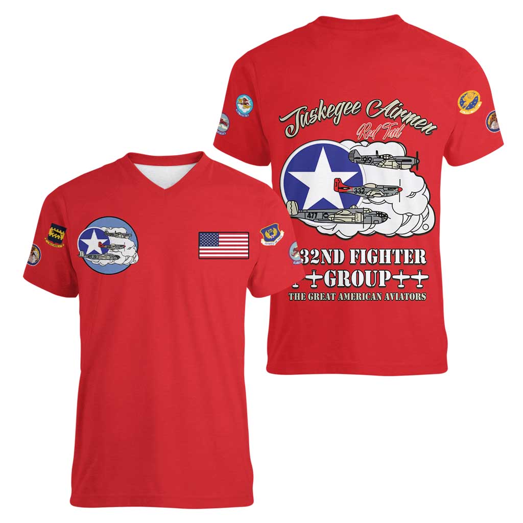 Tuskegee Airmen WWII Heroes Women V-Neck T-Shirt The Great American Aviators Red Art - Wonder Print Shop