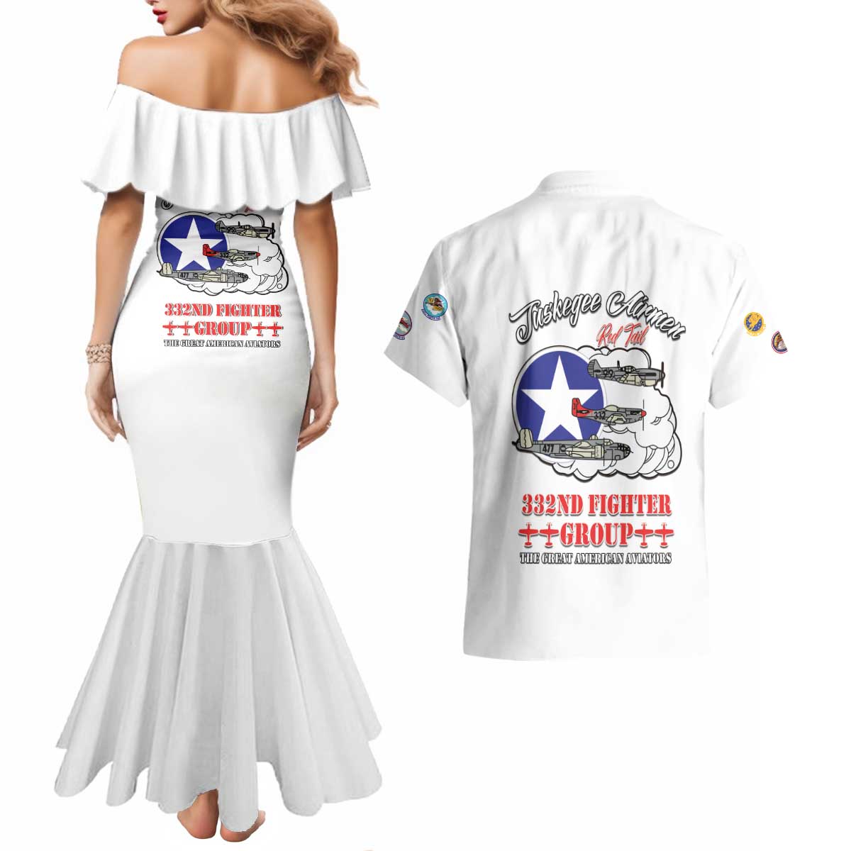Tuskegee Airmen WWII Heroes Couples Matching Mermaid Dress and Hawaiian Shirt The Great American Aviators White Art - Wonder Print Shop