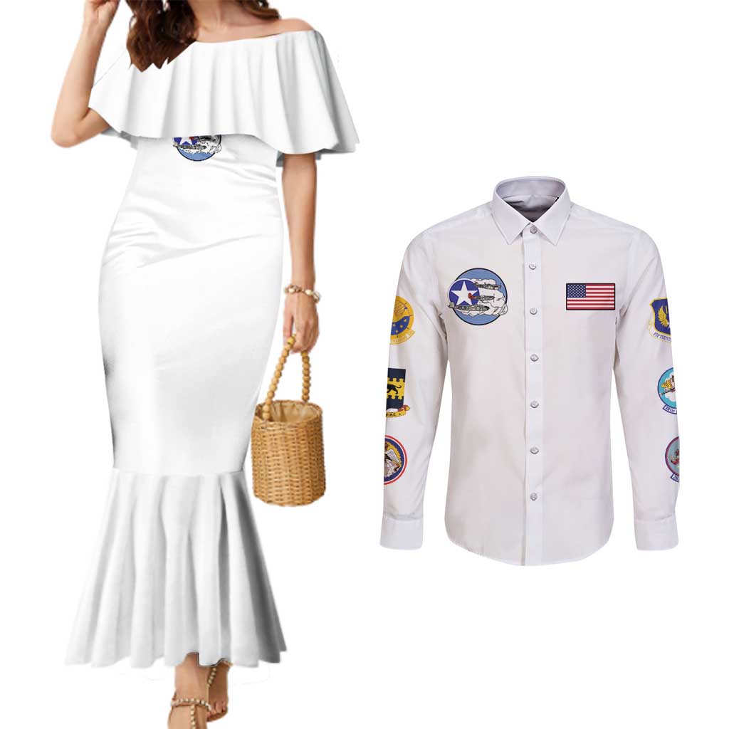 Tuskegee Airmen WWII Heroes Couples Matching Mermaid Dress and Long Sleeve Button Shirt The Great American Aviators White Art - Wonder Print Shop