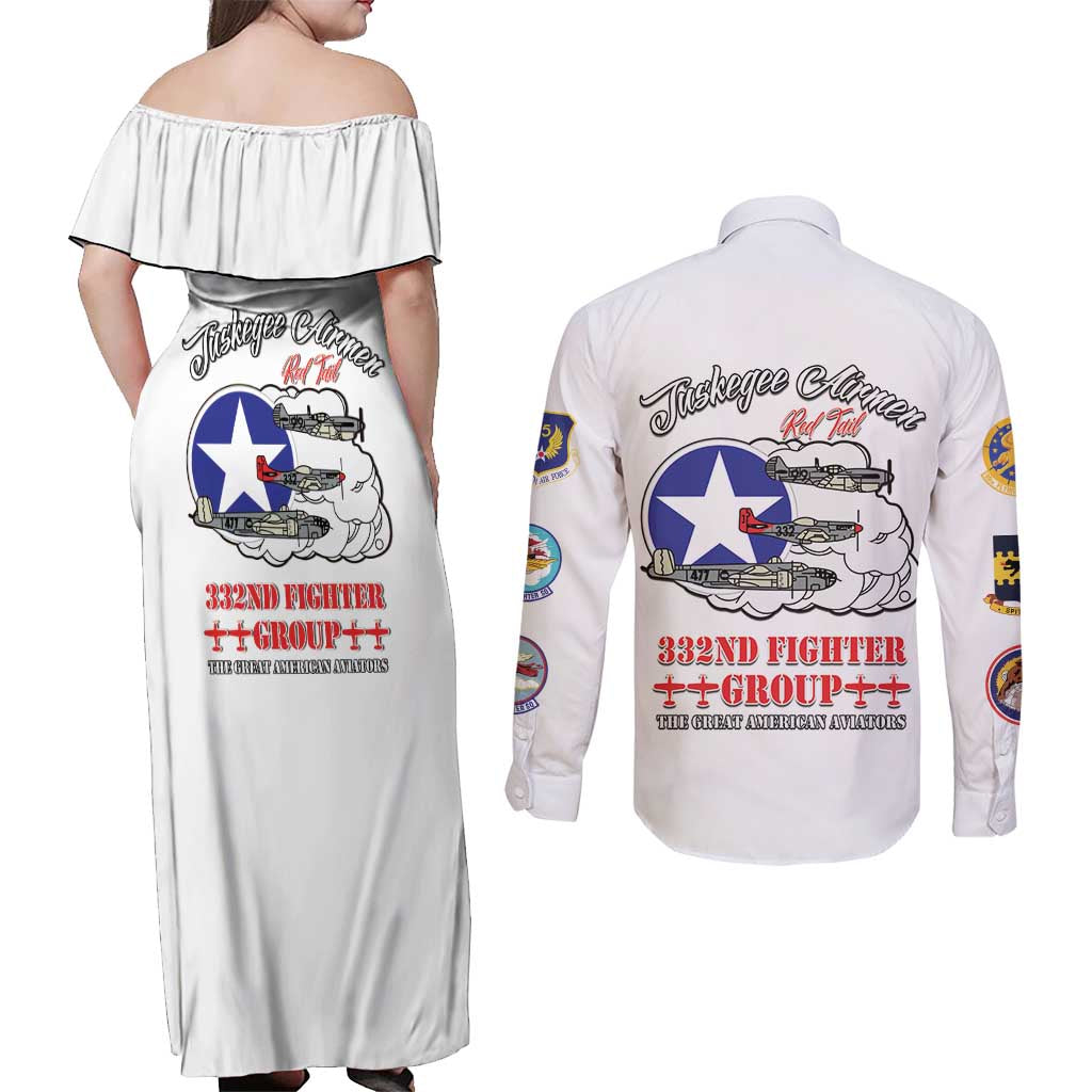 Tuskegee Airmen WWII Heroes Couples Matching Off Shoulder Maxi Dress and Long Sleeve Button Shirt The Great American Aviators White Art - Wonder Print Shop