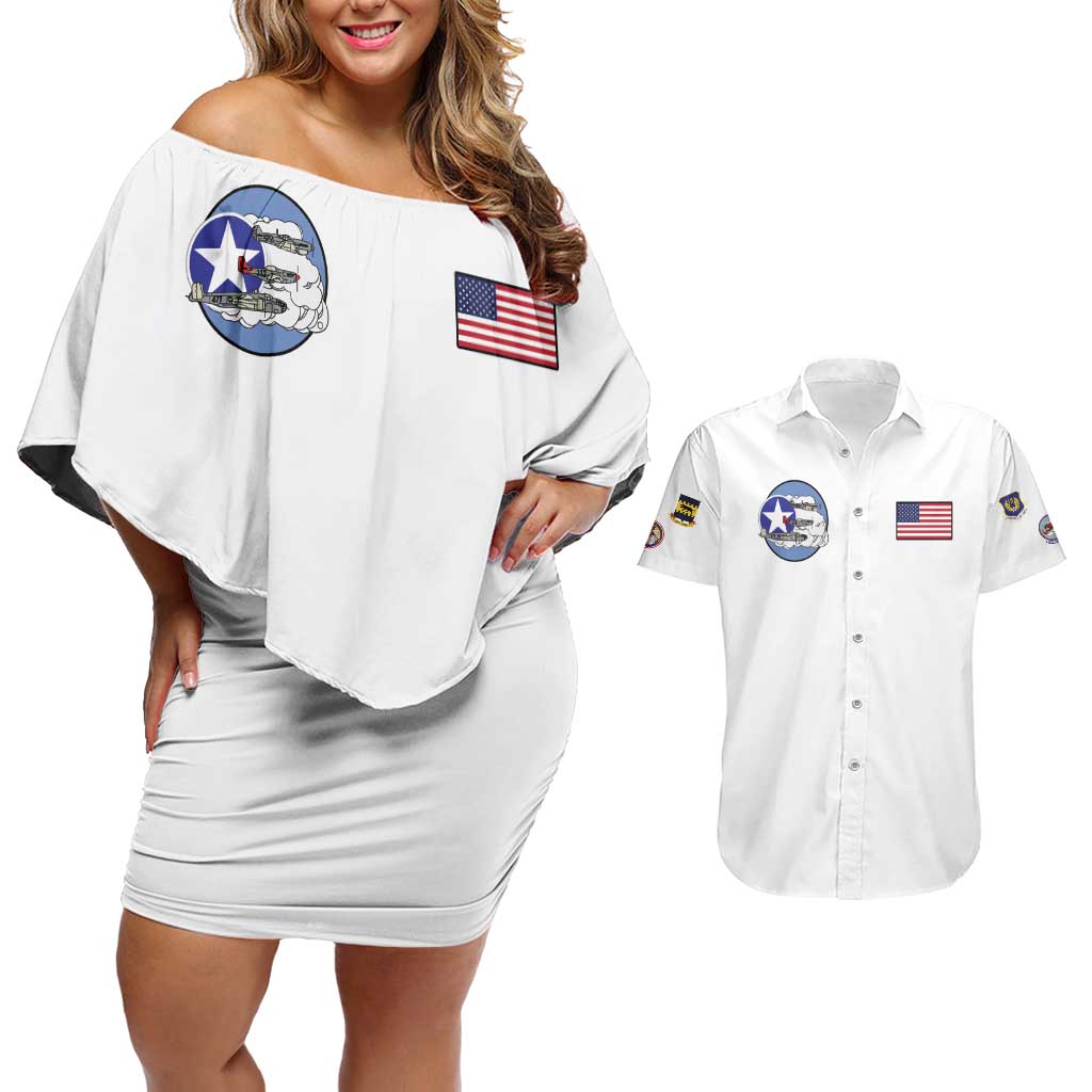 Tuskegee Airmen WWII Heroes Couples Matching Off Shoulder Short Dress and Hawaiian Shirt The Great American Aviators White Art - Wonder Print Shop