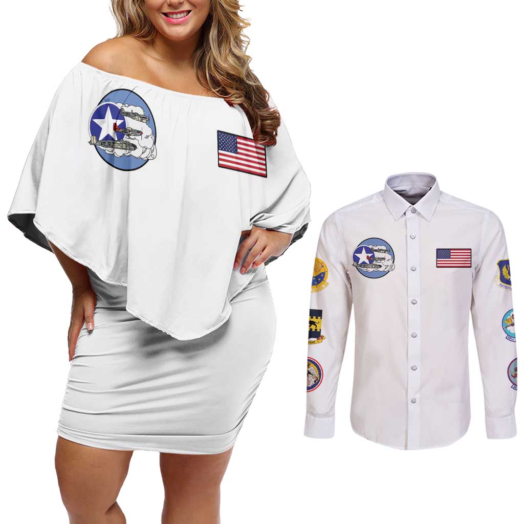 Tuskegee Airmen WWII Heroes Couples Matching Off Shoulder Short Dress and Long Sleeve Button Shirt The Great American Aviators White Art - Wonder Print Shop