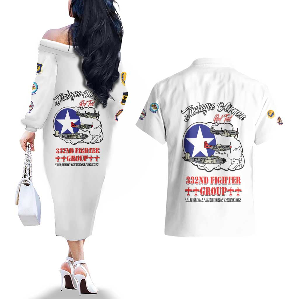 Tuskegee Airmen WWII Heroes Couples Matching Off The Shoulder Long Sleeve Dress and Hawaiian Shirt The Great American Aviators White Art - Wonder Print Shop