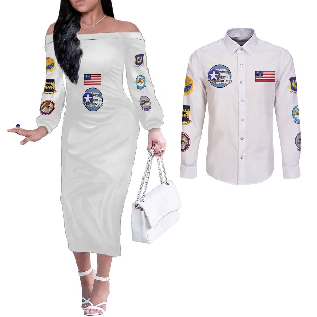 Tuskegee Airmen WWII Heroes Couples Matching Off The Shoulder Long Sleeve Dress and Long Sleeve Button Shirt The Great American Aviators White Art - Wonder Print Shop