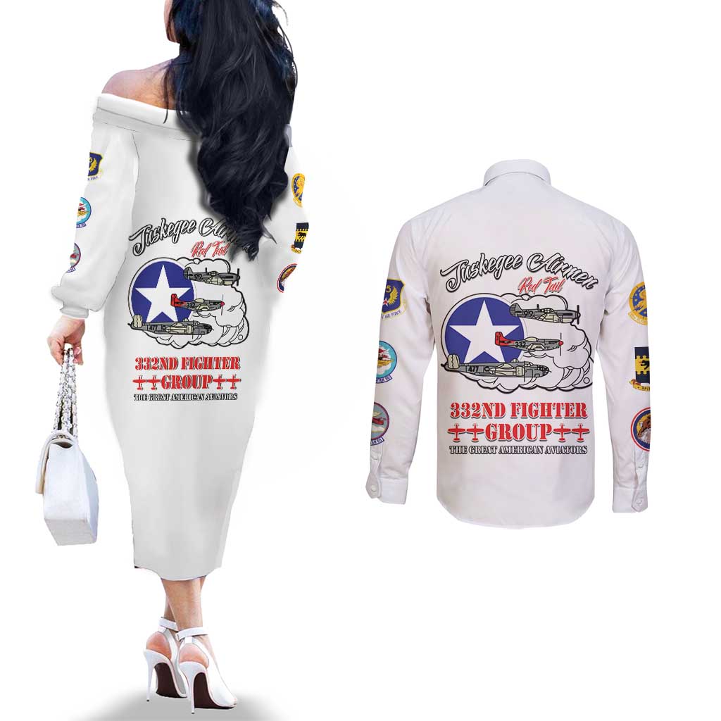 Tuskegee Airmen WWII Heroes Couples Matching Off The Shoulder Long Sleeve Dress and Long Sleeve Button Shirt The Great American Aviators White Art - Wonder Print Shop