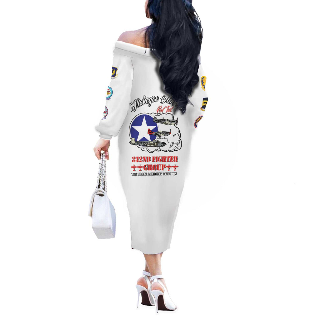 Tuskegee Airmen WWII Heroes Off The Shoulder Long Sleeve Dress The Great American Aviators White Art - Wonder Print Shop