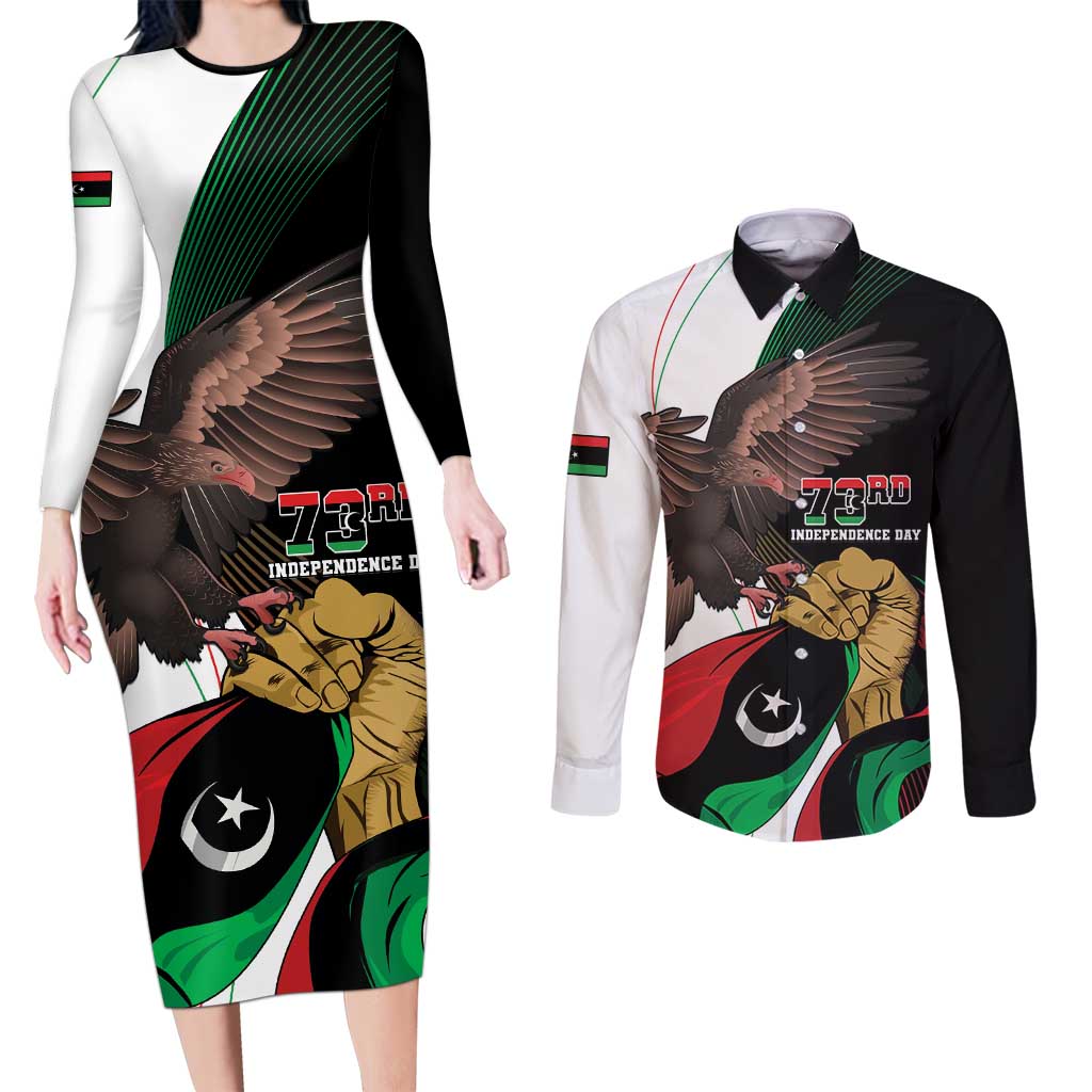 Libya 73rd Anniversary Independence Day Couples Matching Long Sleeve Bodycon Dress and Long Sleeve Button Shirt - Wonder Print Shop