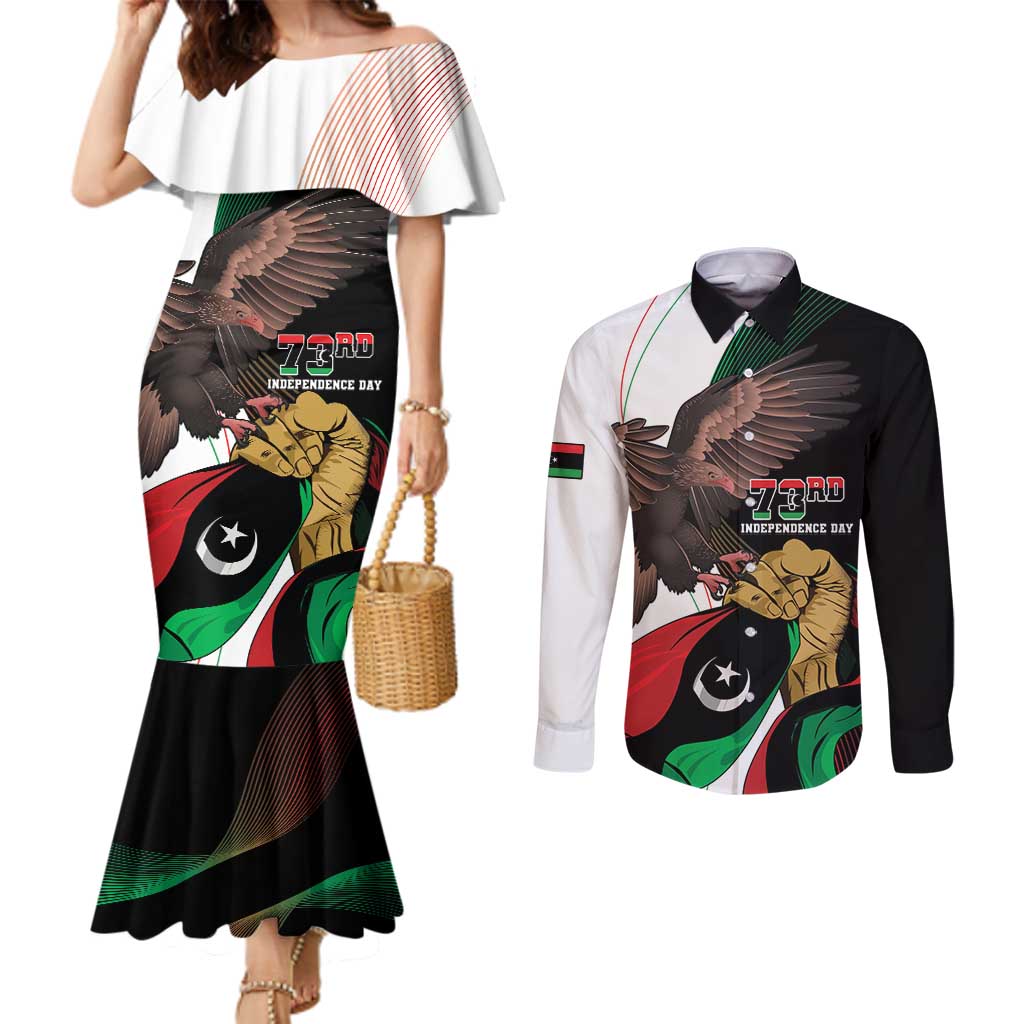Libya 73rd Anniversary Independence Day Couples Matching Mermaid Dress and Long Sleeve Button Shirt