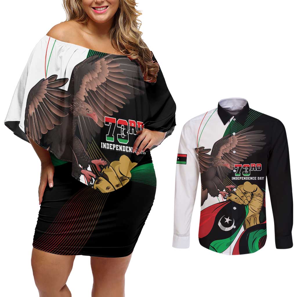 Libya 73rd Anniversary Independence Day Couples Matching Off Shoulder Short Dress and Long Sleeve Button Shirt - Wonder Print Shop