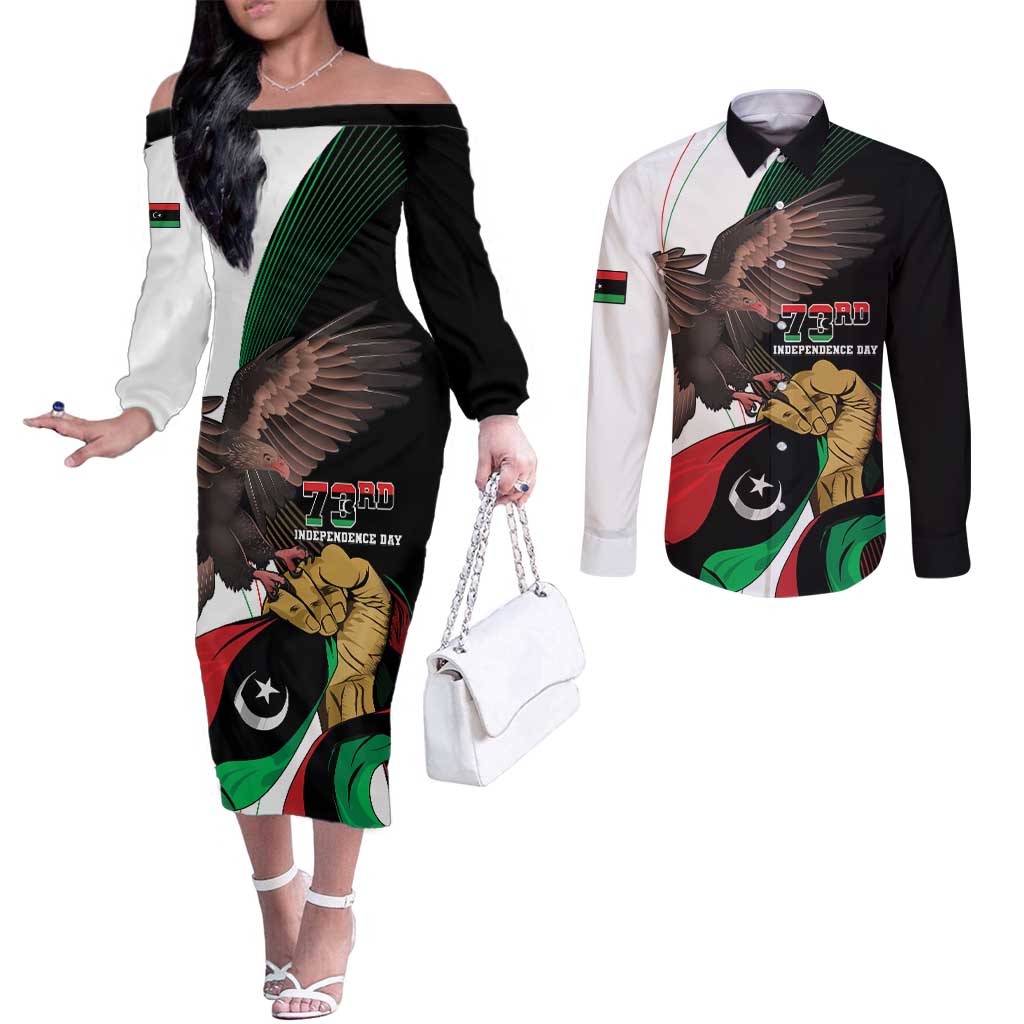 Libya 73rd Anniversary Independence Day Couples Matching Off The Shoulder Long Sleeve Dress and Long Sleeve Button Shirt