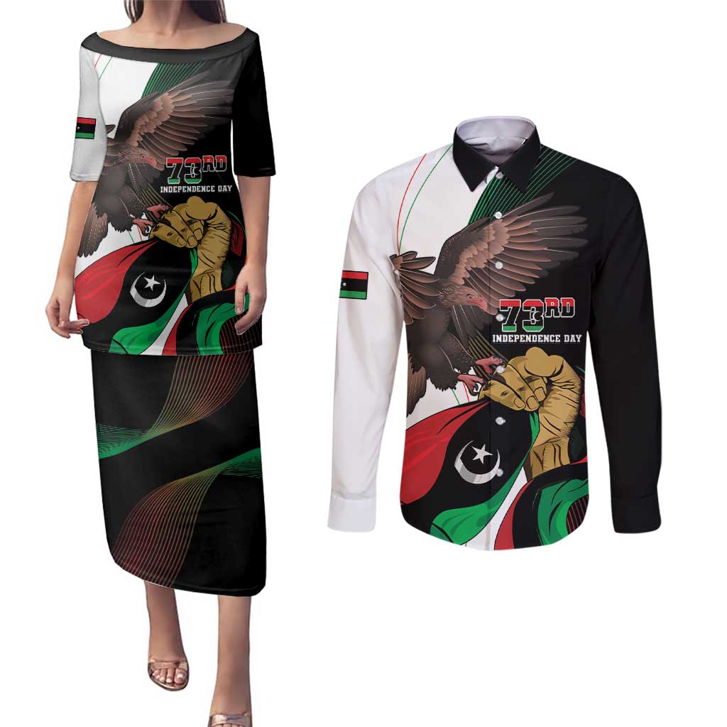 Libya 73rd Anniversary Independence Day Couples Matching Puletasi and Long Sleeve Button Shirt - Wonder Print Shop