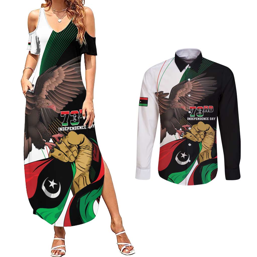 Libya 73rd Anniversary Independence Day Couples Matching Summer Maxi Dress and Long Sleeve Button Shirt - Wonder Print Shop