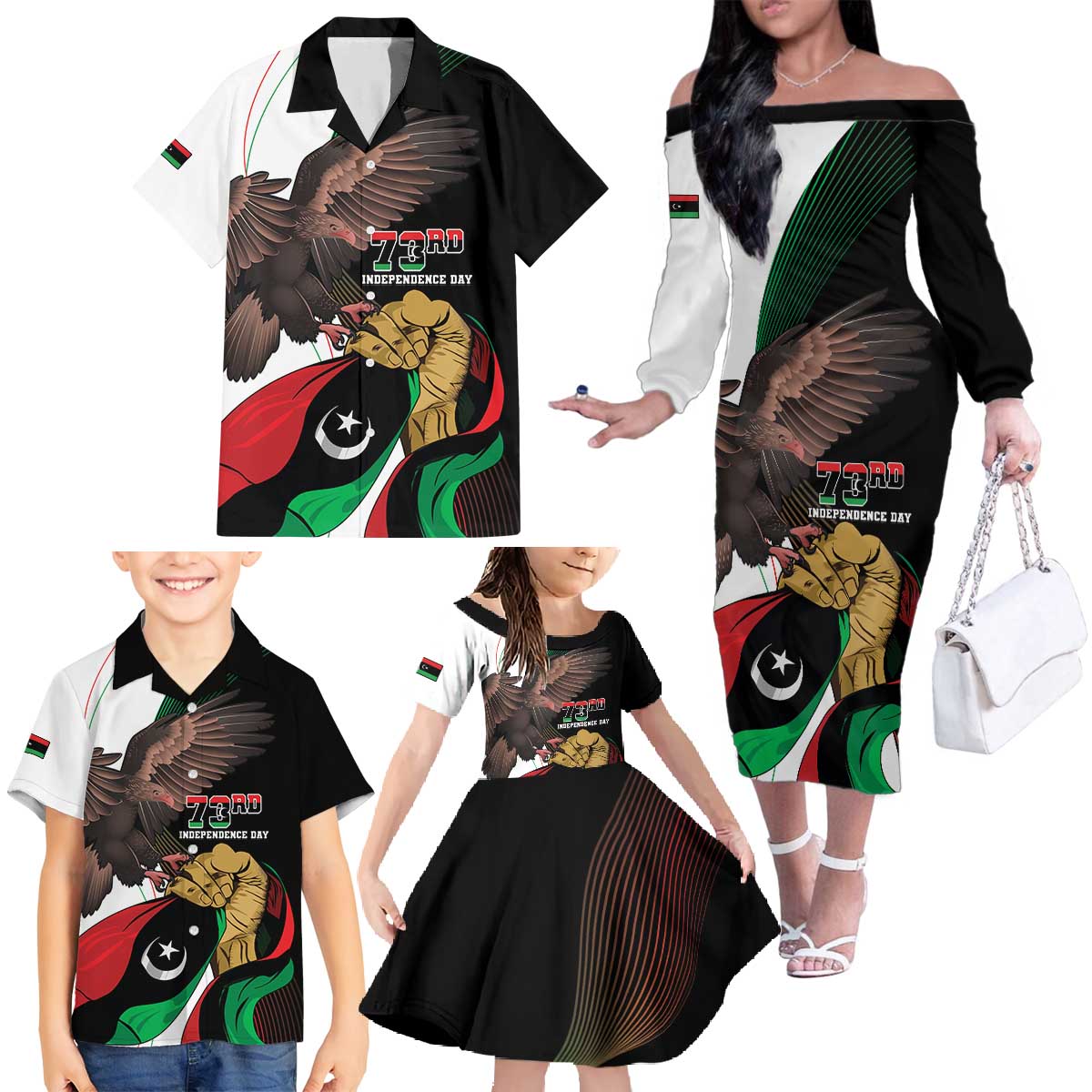 Libya 73rd Anniversary Independence Day Family Matching Off The Shoulder Long Sleeve Dress and Hawaiian Shirt - Wonder Print Shop