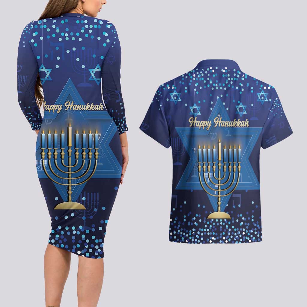Hanukkah Jewish Festival Couples Matching Long Sleeve Bodycon Dress and Hawaiian Shirt Meronah With Star Of David - Wonder Print Shop