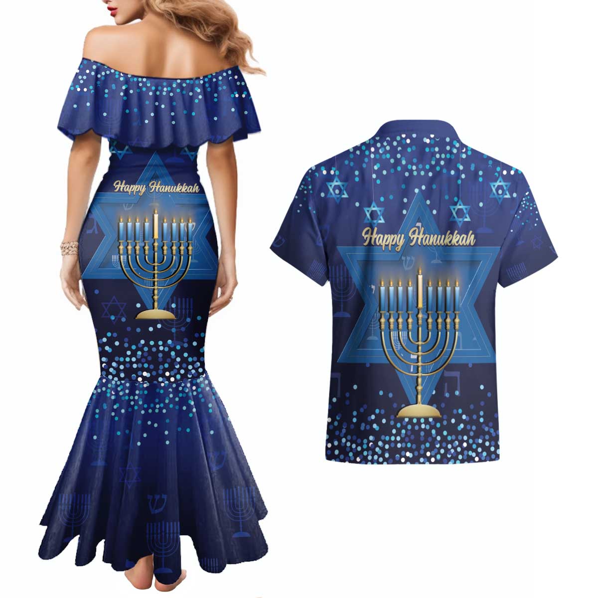 Hanukkah Jewish Festival Couples Matching Mermaid Dress and Hawaiian Shirt Meronah With Star Of David - Wonder Print Shop