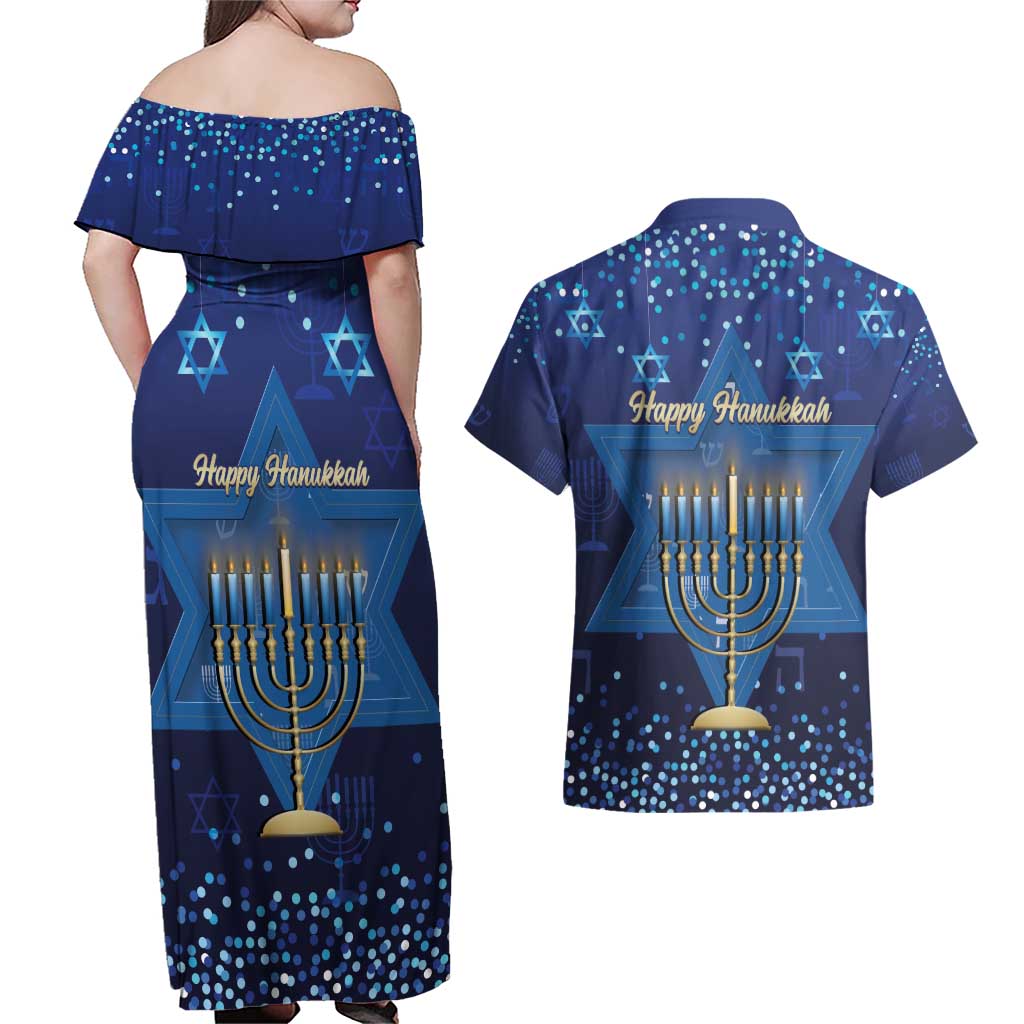 Hanukkah Jewish Festival Couples Matching Off Shoulder Maxi Dress and Hawaiian Shirt Meronah With Star Of David - Wonder Print Shop