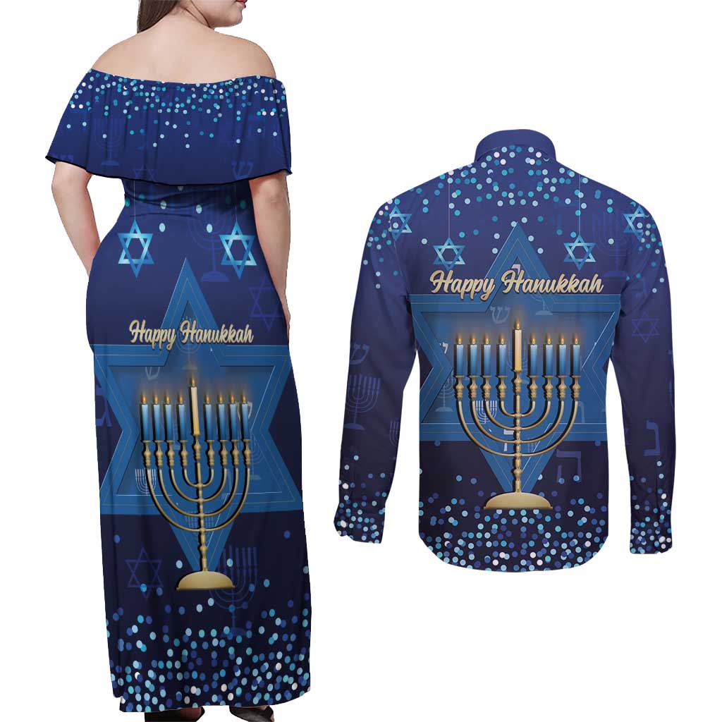 Hanukkah Jewish Festival Couples Matching Off Shoulder Maxi Dress and Long Sleeve Button Shirt Meronah With Star Of David - Wonder Print Shop
