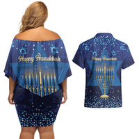 Hanukkah Jewish Festival Couples Matching Off Shoulder Short Dress and Hawaiian Shirt Meronah With Star Of David - Wonder Print Shop