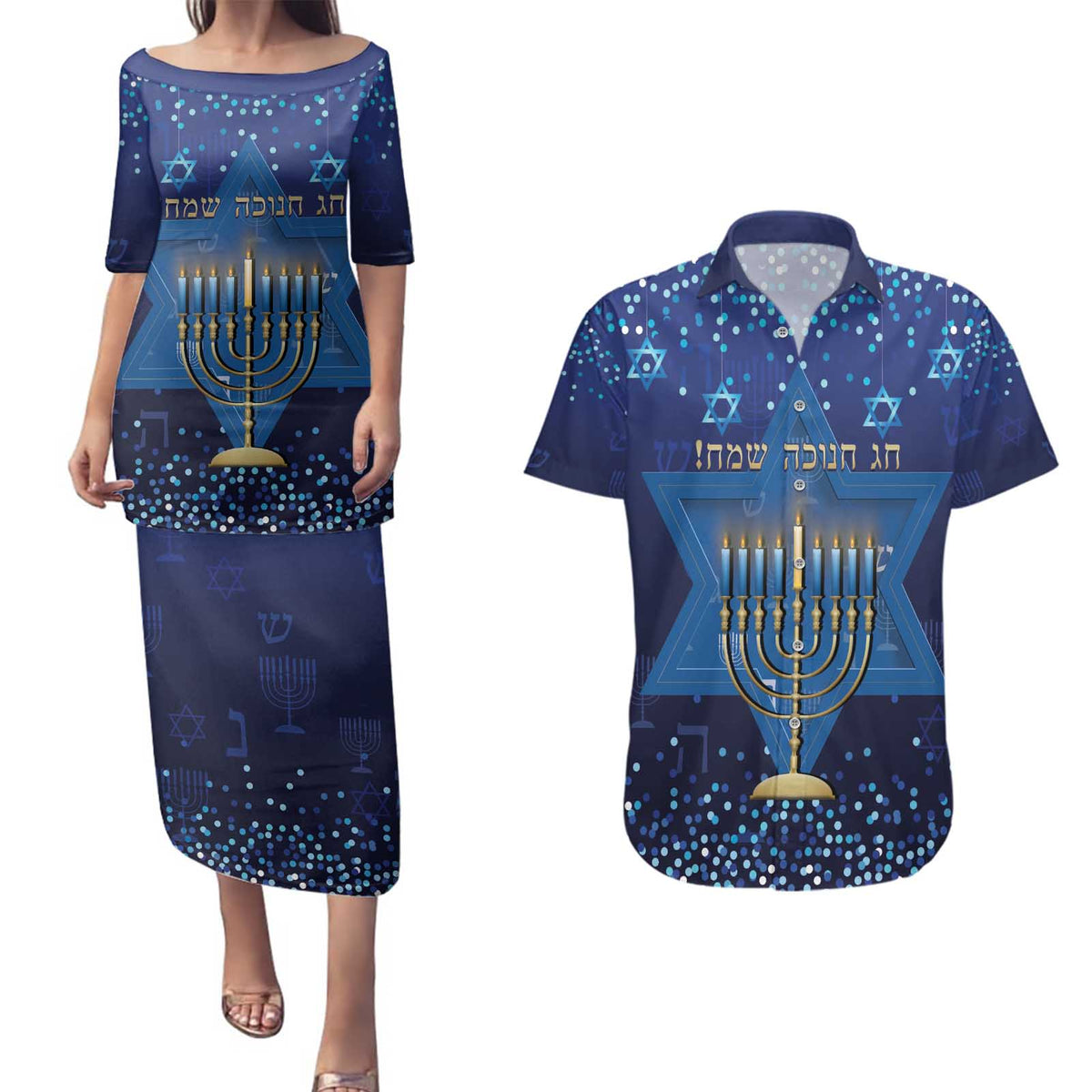 Hanukkah Jewish Festival Couples Matching Puletasi and Hawaiian Shirt Meronah With Star Of David - Wonder Print Shop