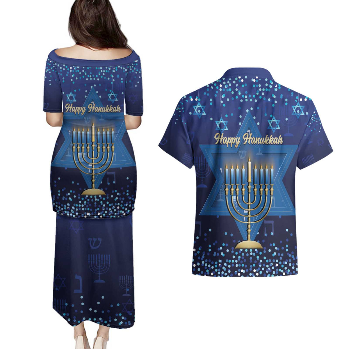 Hanukkah Jewish Festival Couples Matching Puletasi and Hawaiian Shirt Meronah With Star Of David - Wonder Print Shop