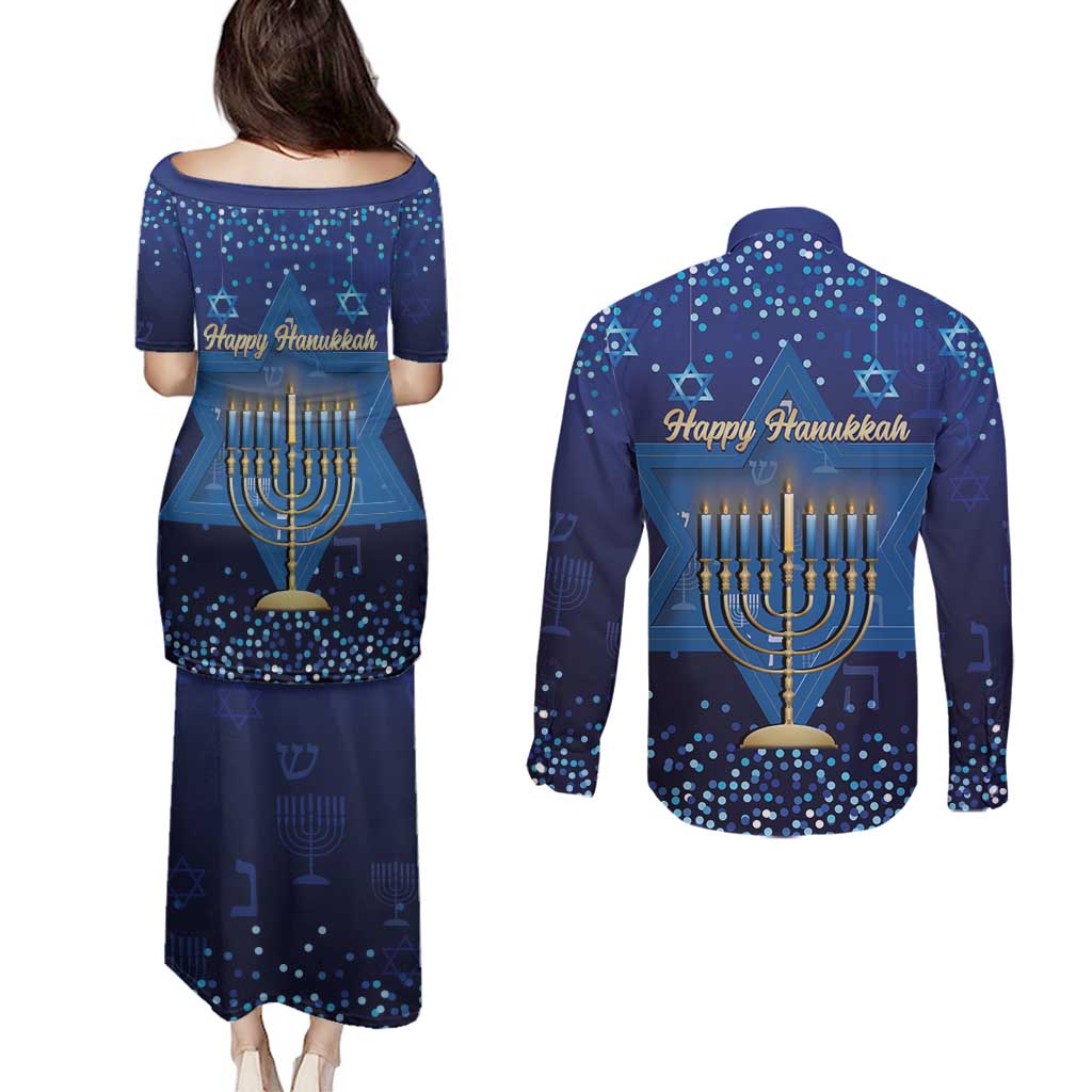 Hanukkah Jewish Festival Couples Matching Puletasi and Long Sleeve Button Shirt Meronah With Star Of David - Wonder Print Shop