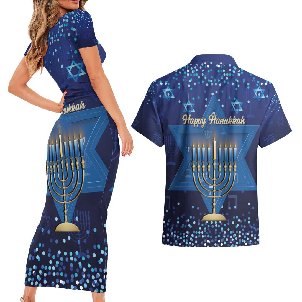 Hanukkah Jewish Festival Couples Matching Short Sleeve Bodycon Dress and Hawaiian Shirt Meronah With Star Of David - Wonder Print Shop