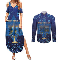 Hanukkah Jewish Festival Couples Matching Summer Maxi Dress and Long Sleeve Button Shirt Meronah With Star Of David - Wonder Print Shop