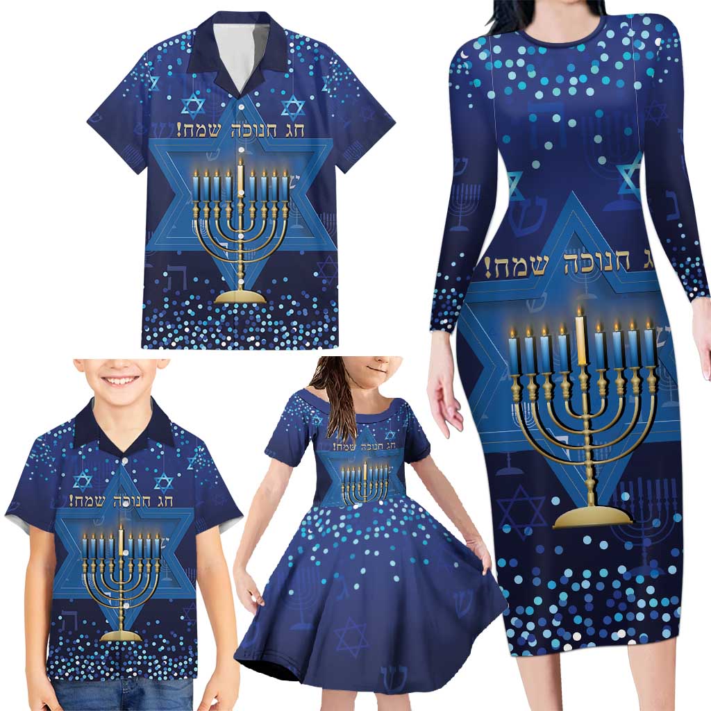 Hanukkah Jewish Festival Family Matching Long Sleeve Bodycon Dress and Hawaiian Shirt Meronah With Star Of David - Wonder Print Shop