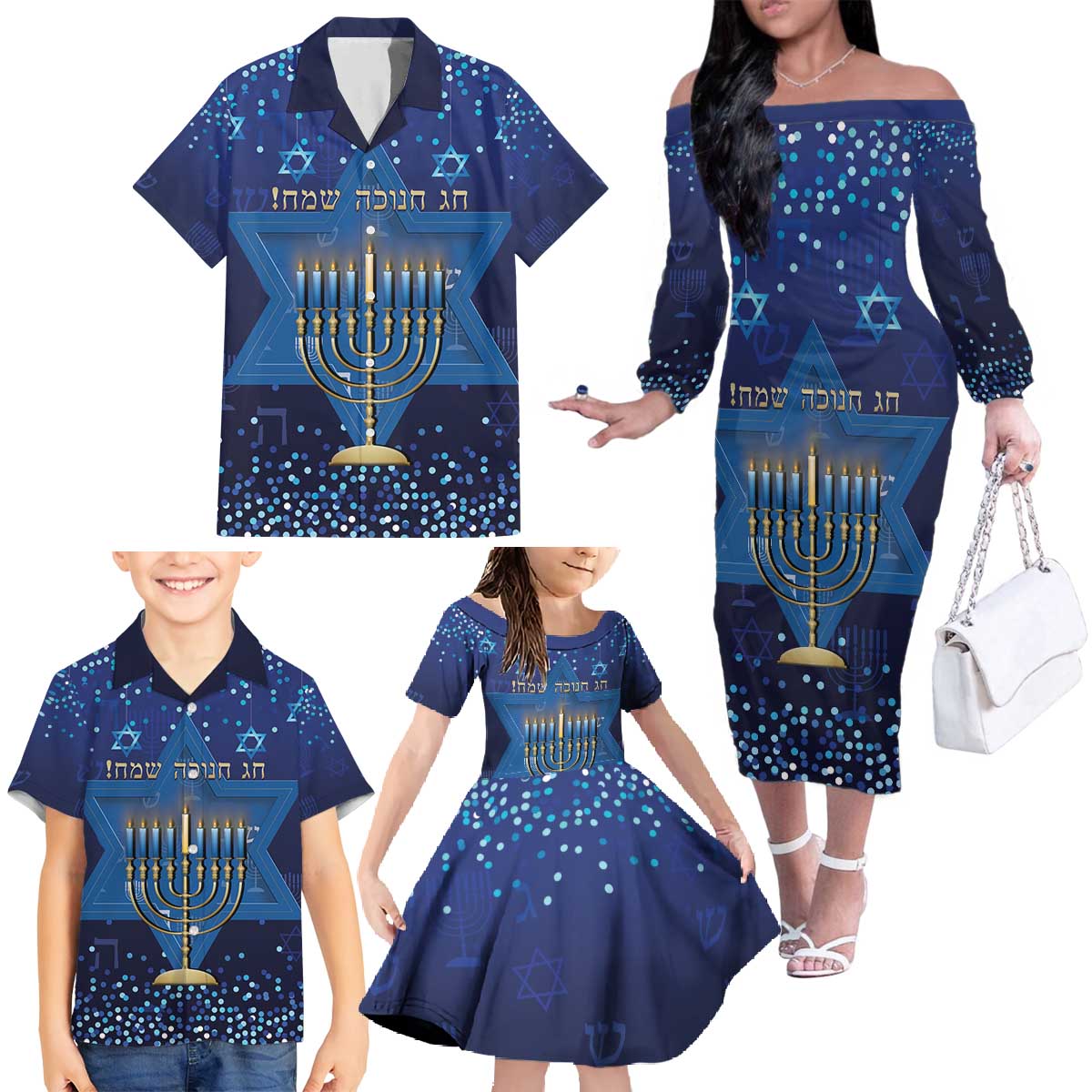 Hanukkah Jewish Festival Family Matching Off The Shoulder Long Sleeve Dress and Hawaiian Shirt Meronah With Star Of David - Wonder Print Shop