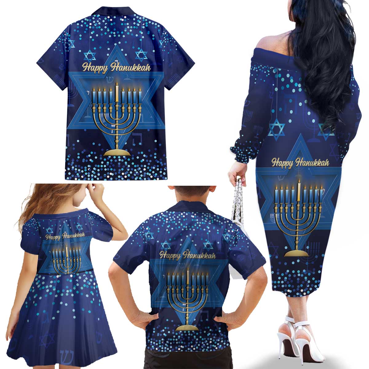 Hanukkah Jewish Festival Family Matching Off The Shoulder Long Sleeve Dress and Hawaiian Shirt Meronah With Star Of David - Wonder Print Shop