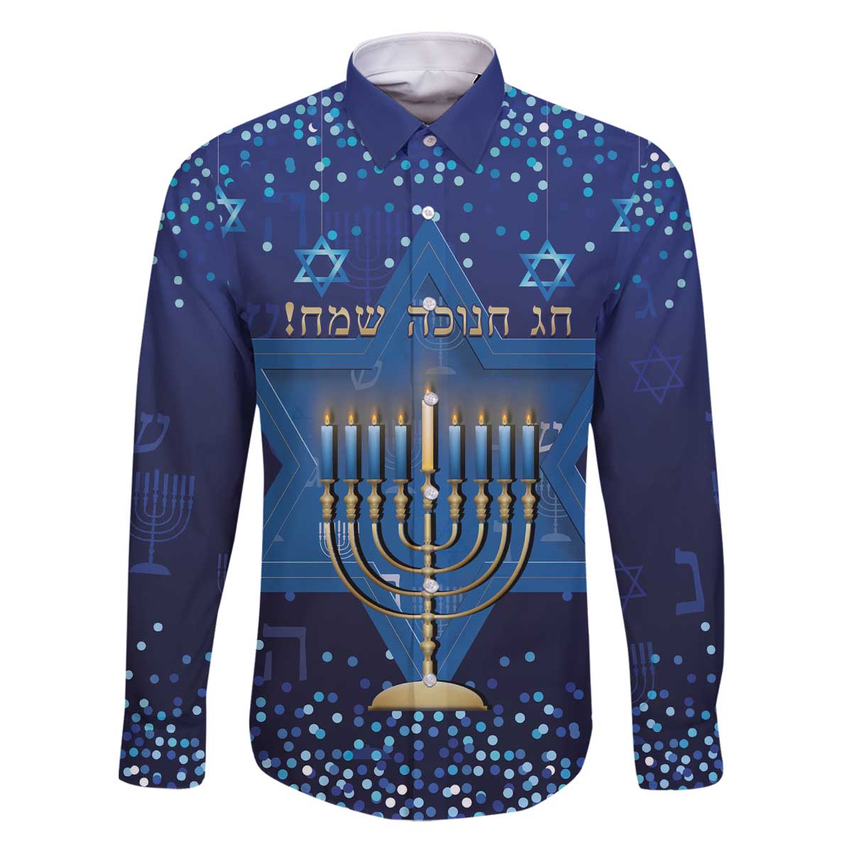 Hanukkah Jewish Festival Family Matching Off The Shoulder Long Sleeve Dress and Hawaiian Shirt Meronah With Star Of David - Wonder Print Shop