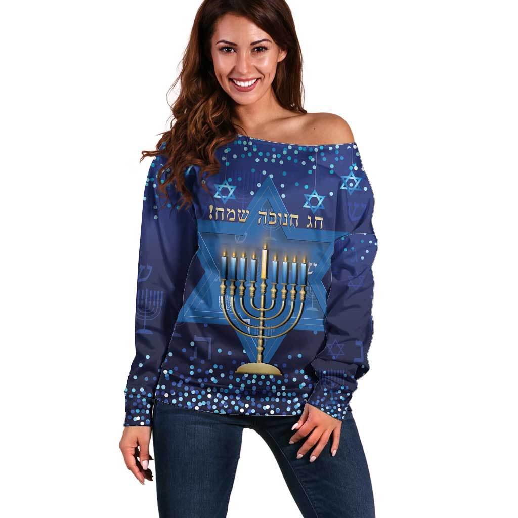 Hanukkah Jewish Festival Off Shoulder Sweater Meronah With Star Of David - Wonder Print Shop
