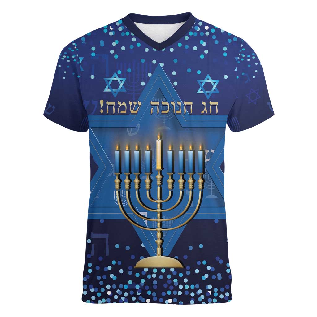 Hanukkah Jewish Festival Women V-Neck T-Shirt Meronah With Star Of David - Wonder Print Shop